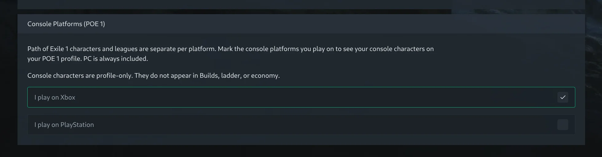 Console platform toggles for Xbox and PlayStation in account settings