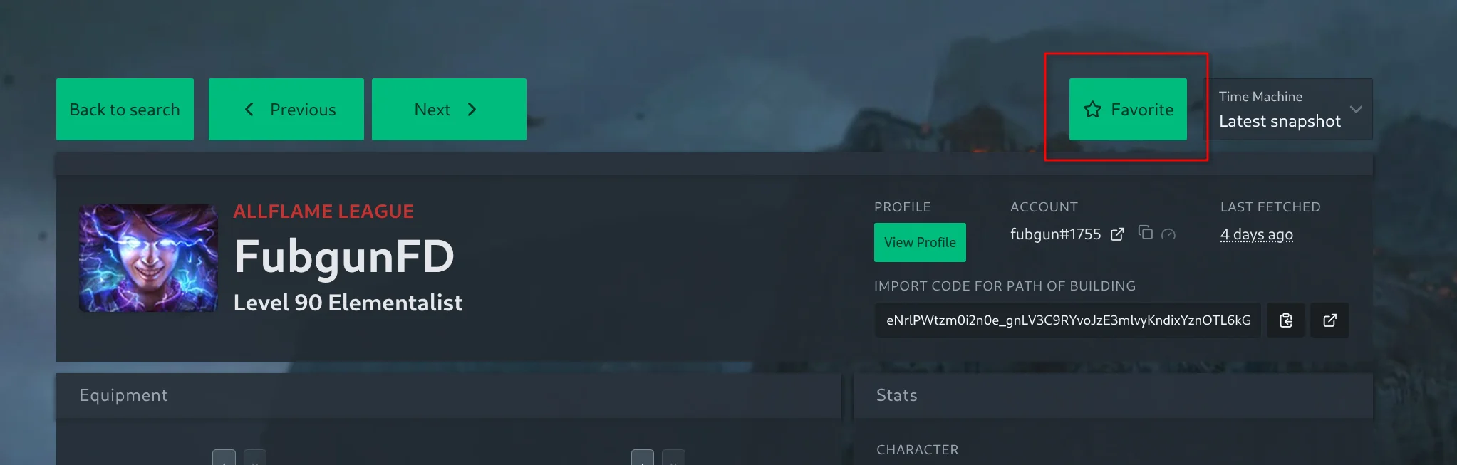 Favorite button in the top navigation row of a character page