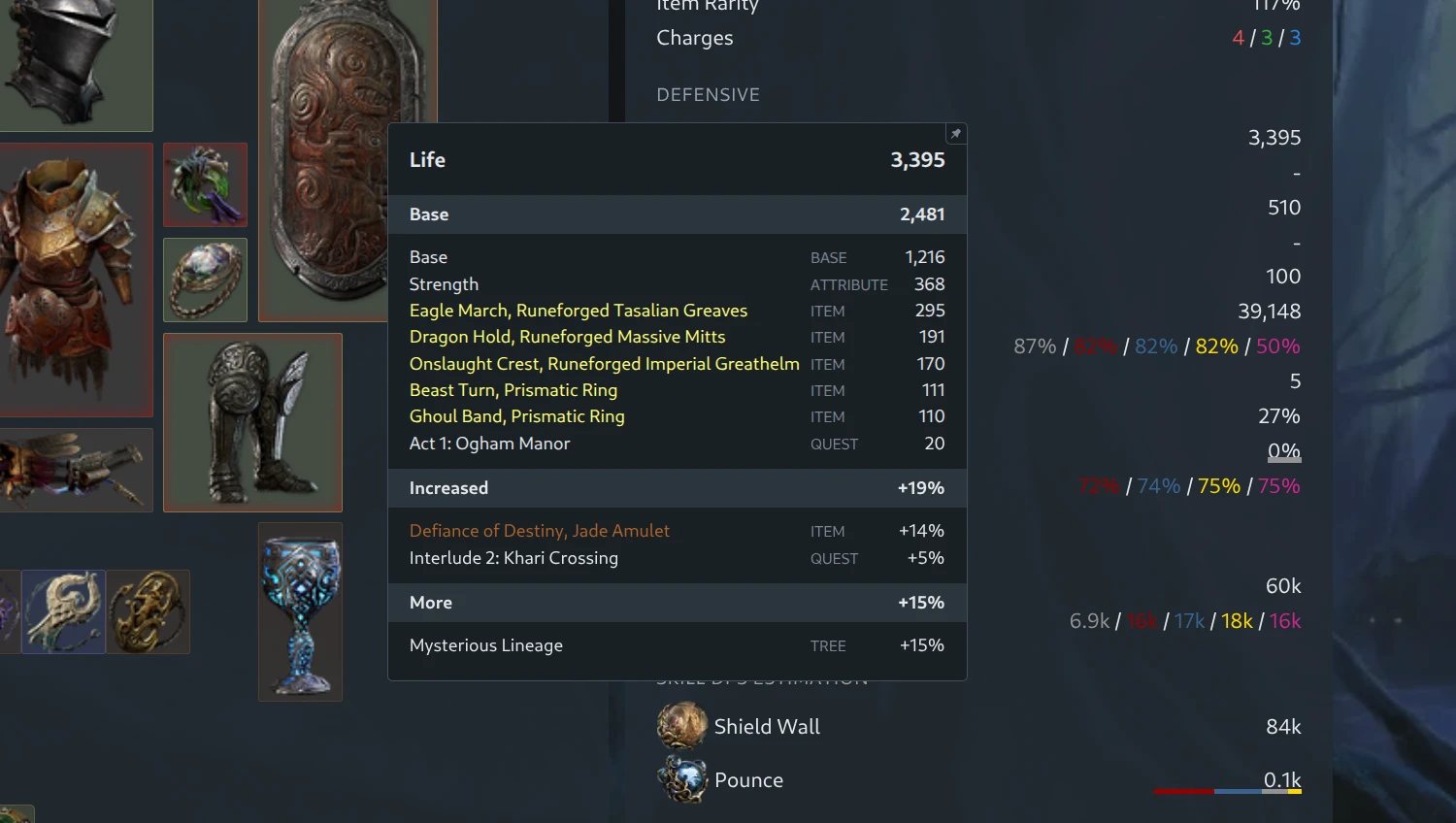 Breakdown tooltip on a defensive stat showing its base value, sources, increases and more multipliers
