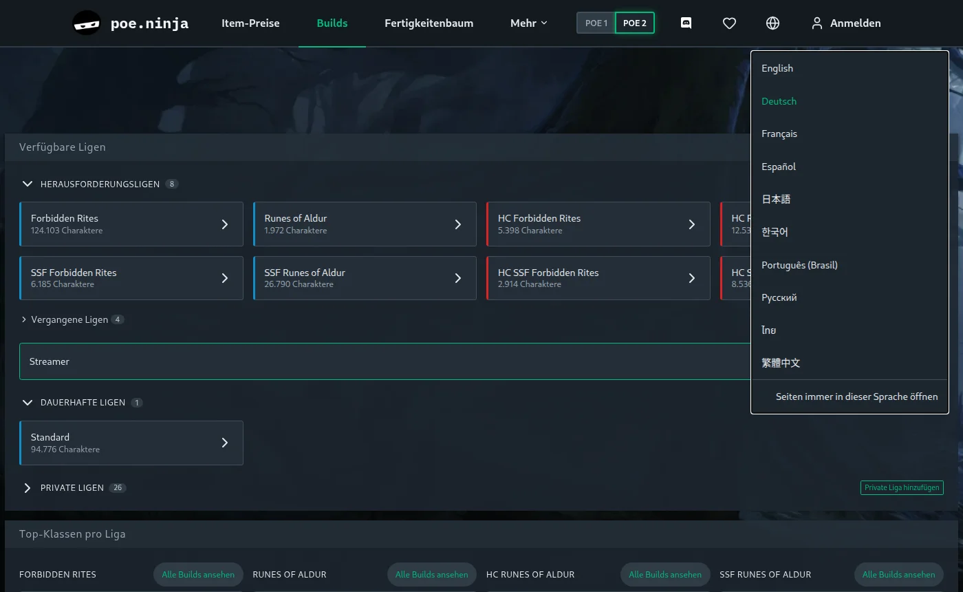 The language menu open in the top bar of the builds page in German