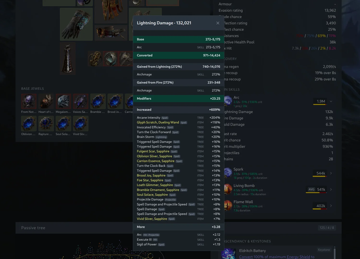 Full breakdown dialog for a damage row listing every modifier and its source