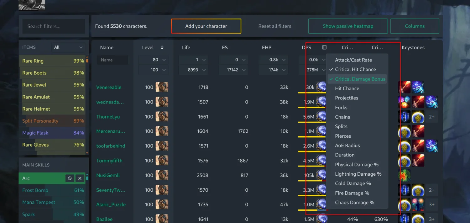 Column menu in the DPS header with offensive stats ticked and the extra columns shown beside DPS