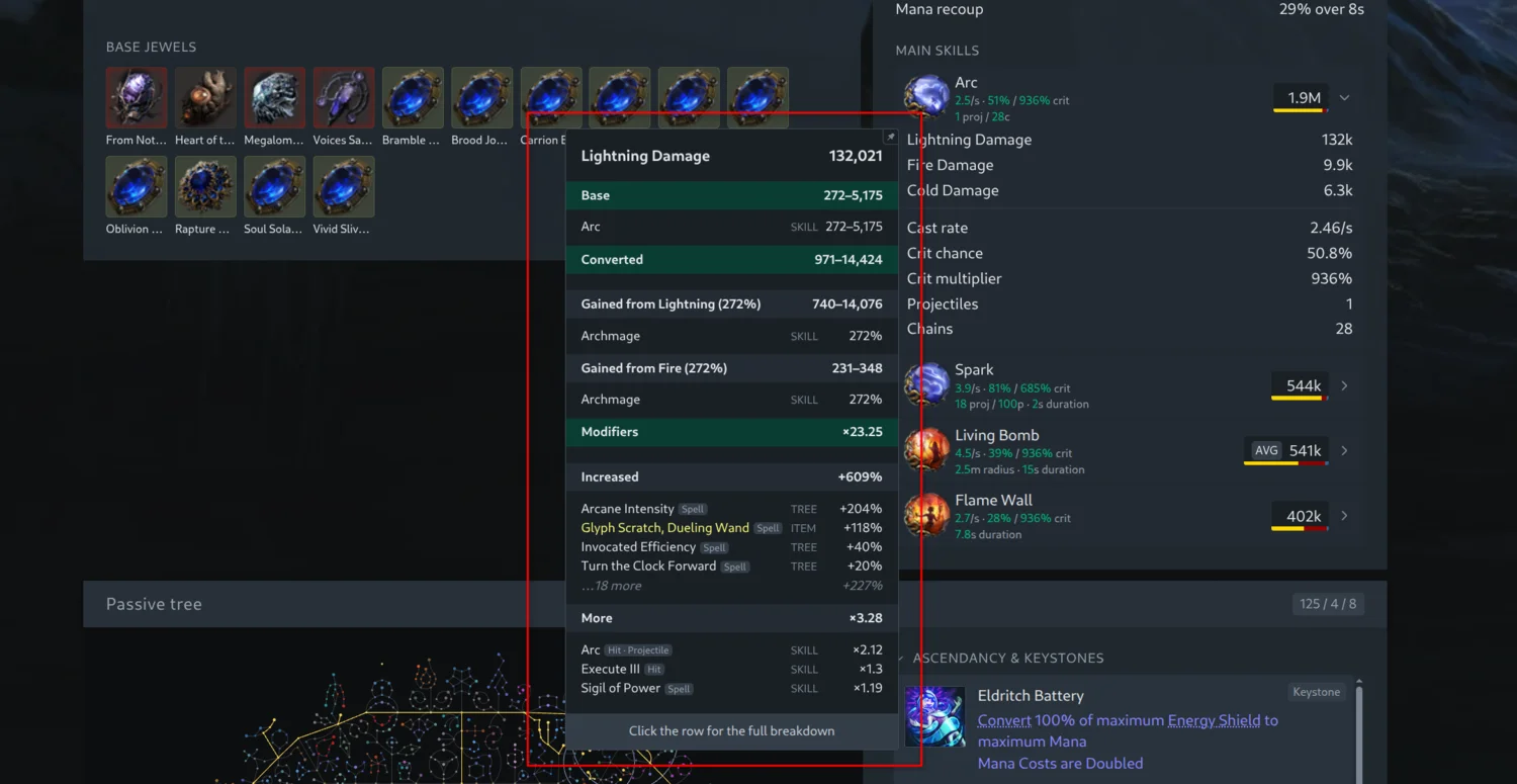Breakdown tooltip on a fire damage row showing added damage sources, increased modifiers and more multipliers