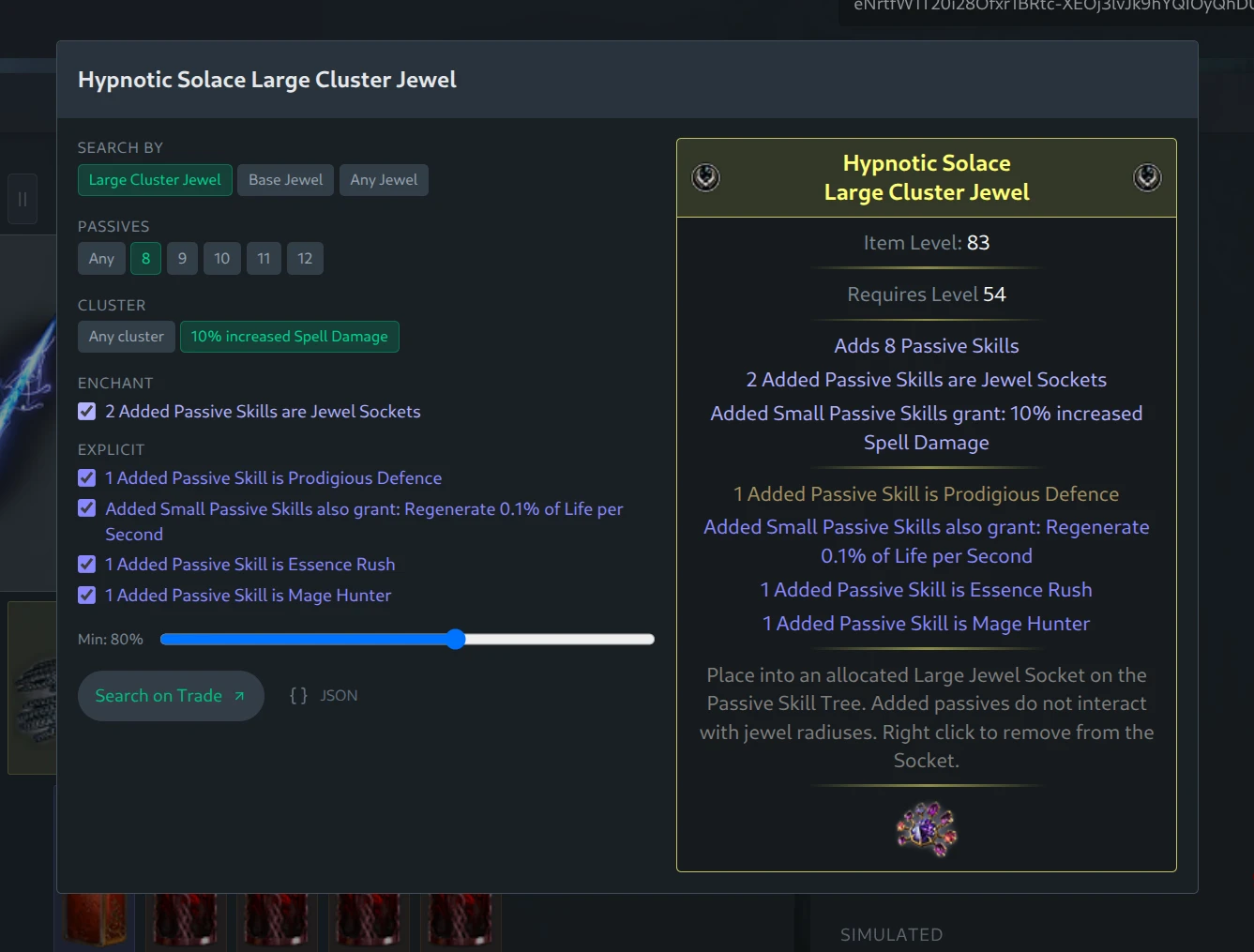 Trade search dialog on a cluster jewel with Passives and Cluster options