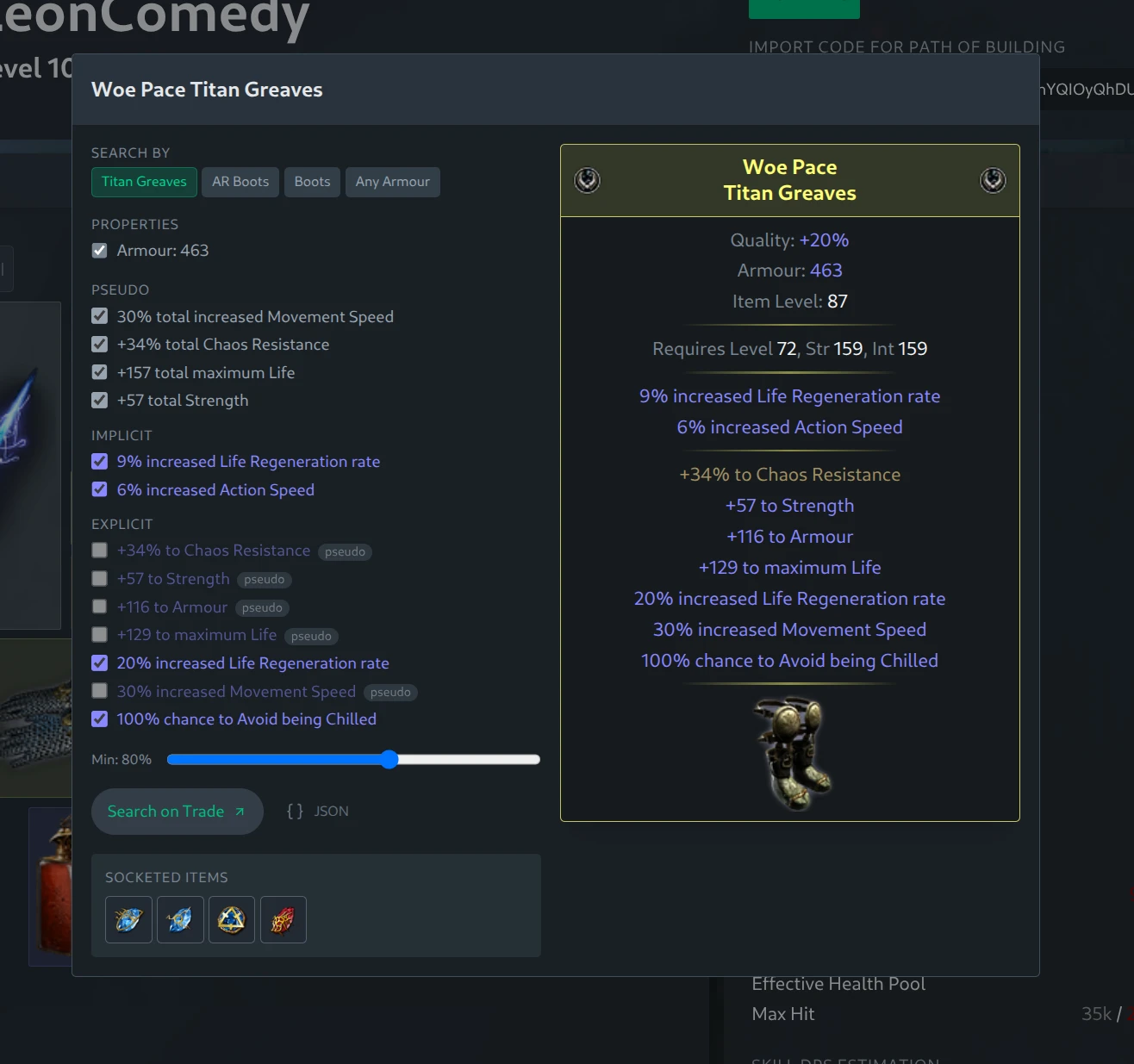 Trade search dialog on a rare pair of boots with pseudo mods, Search by options, property filters and Min slider