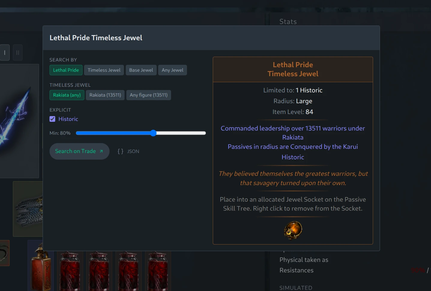 Trade search dialog on a Lethal Pride timeless jewel with Rakiata figure and seed selection options