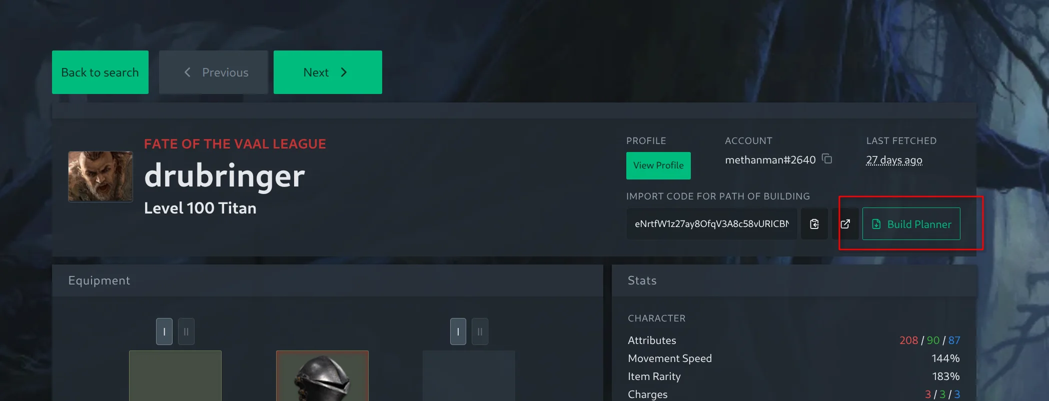 Build Planner button next to the Path of Building export on a character
