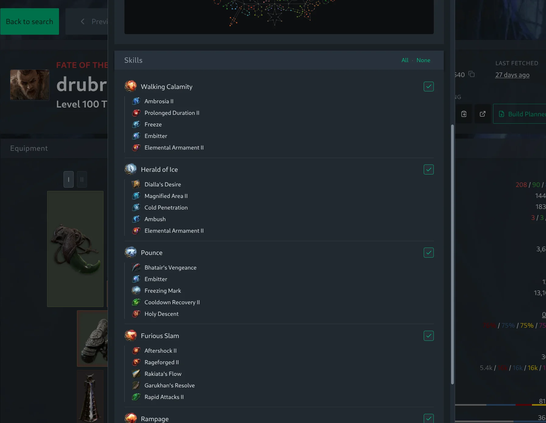 Skills section listing each skill gem with its supports and a per-skill toggle