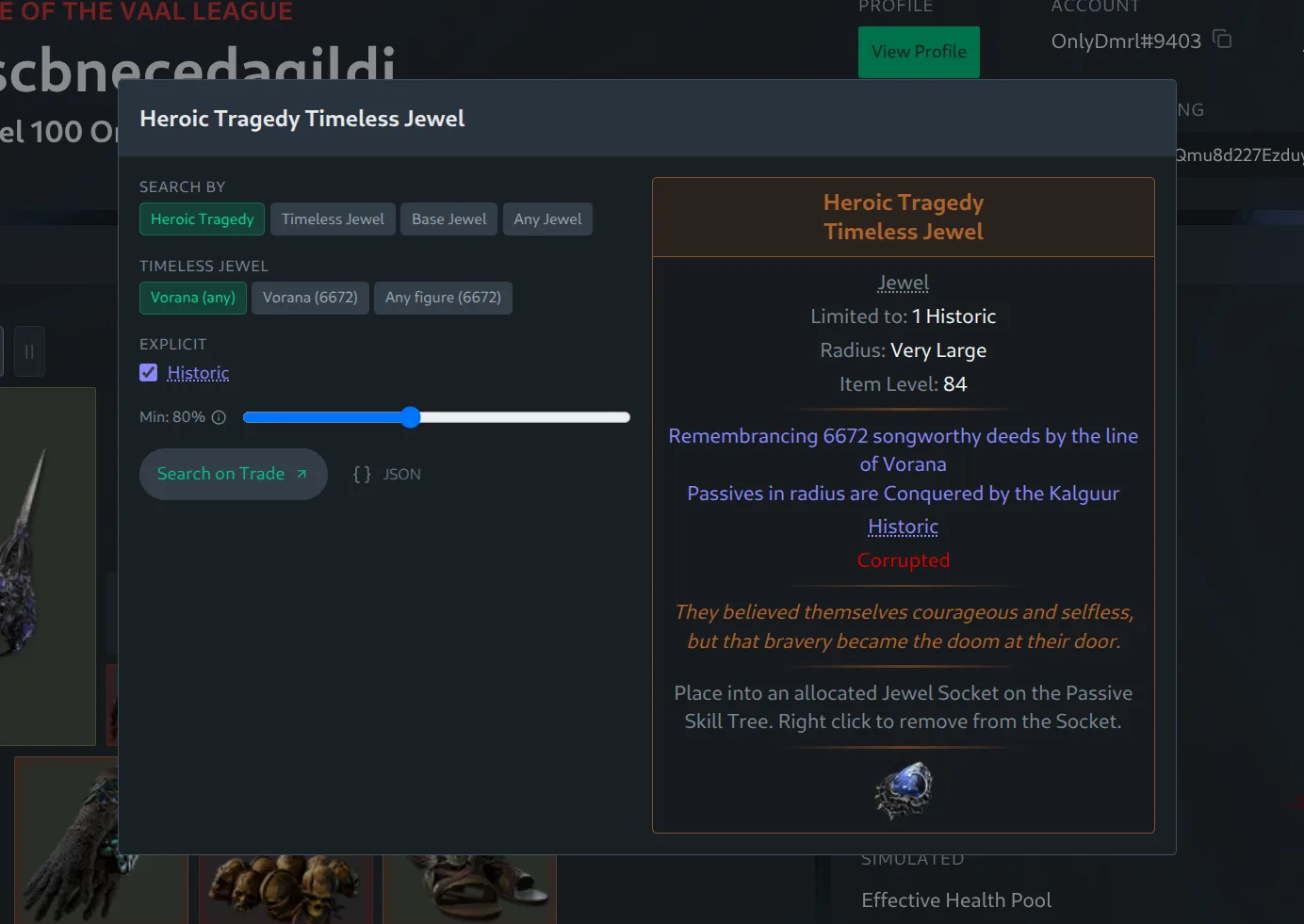 Trade search dialog on a Heroic Tragedy timeless jewel with Vorana variation and seed selection options