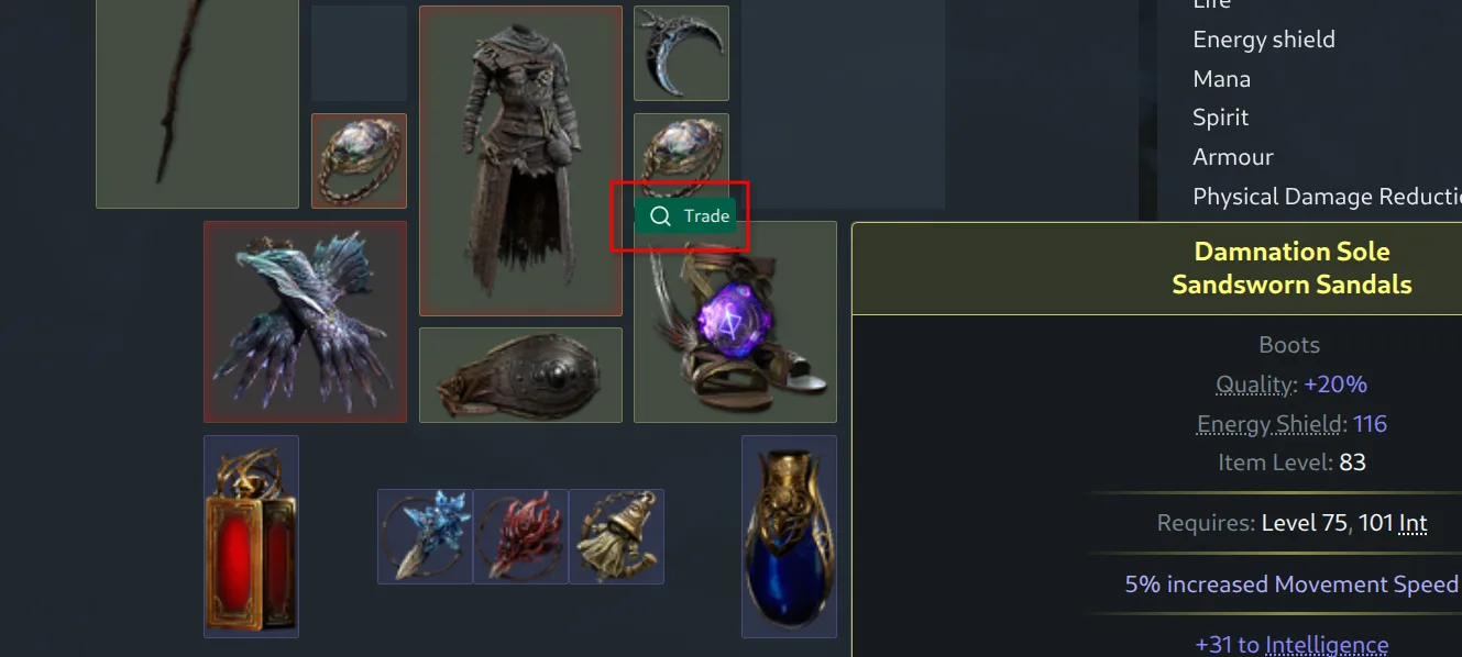 Trade button revealed on hover above an equipped item